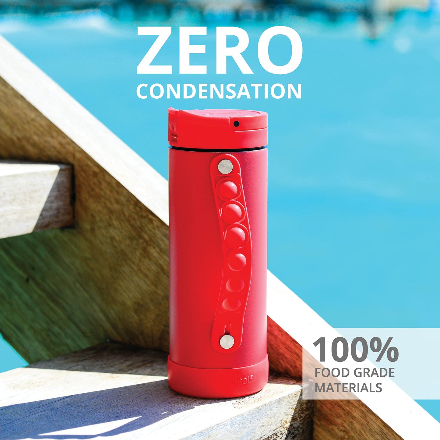 Elemental Iconic Kids Insulated Water Bottle with Straw Lid & Stress Reliever Pop-It Handle, Leak-Proof When Closed Water Bottle Kids - Stainless Steel Water Bottle For Kids, 14oz - Red