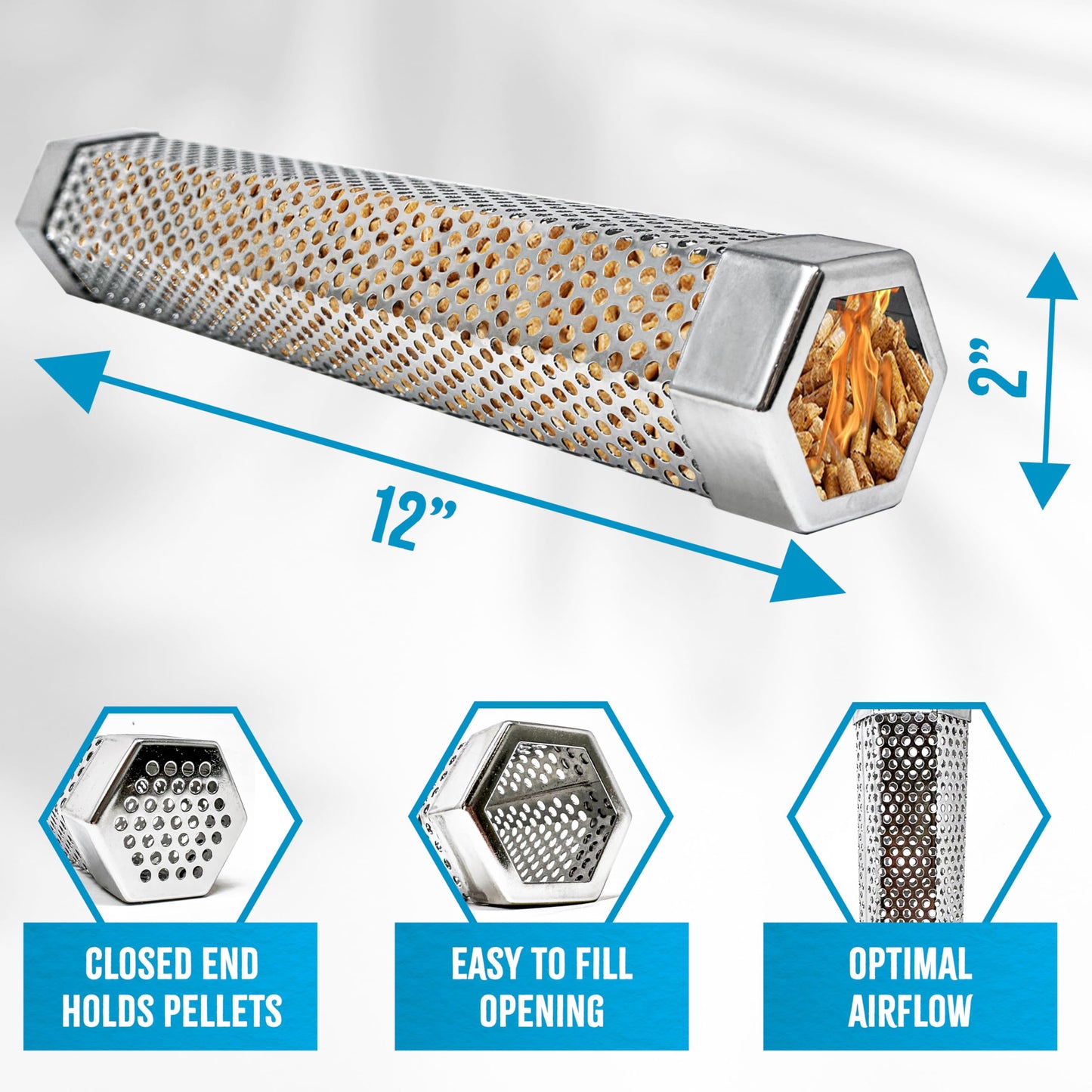 Kona Wood Smoker Tube & Smoking Pellets Set - Hot & Cold Smoke for Charcoal, Electric, Gas & All BBQ Grills - Stainless Steel 12 Inch Hexagon & 14 ounces of Premium Blend Hardwood