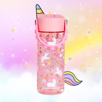 Elemental Leak Proof Water Bottles for Kids - Splash Kids Water Bottle for School with Pop-it Handle - BPA Free Tritan Plastic Reusable Water Bottle with Straw - Pink Unicorn - 18oz