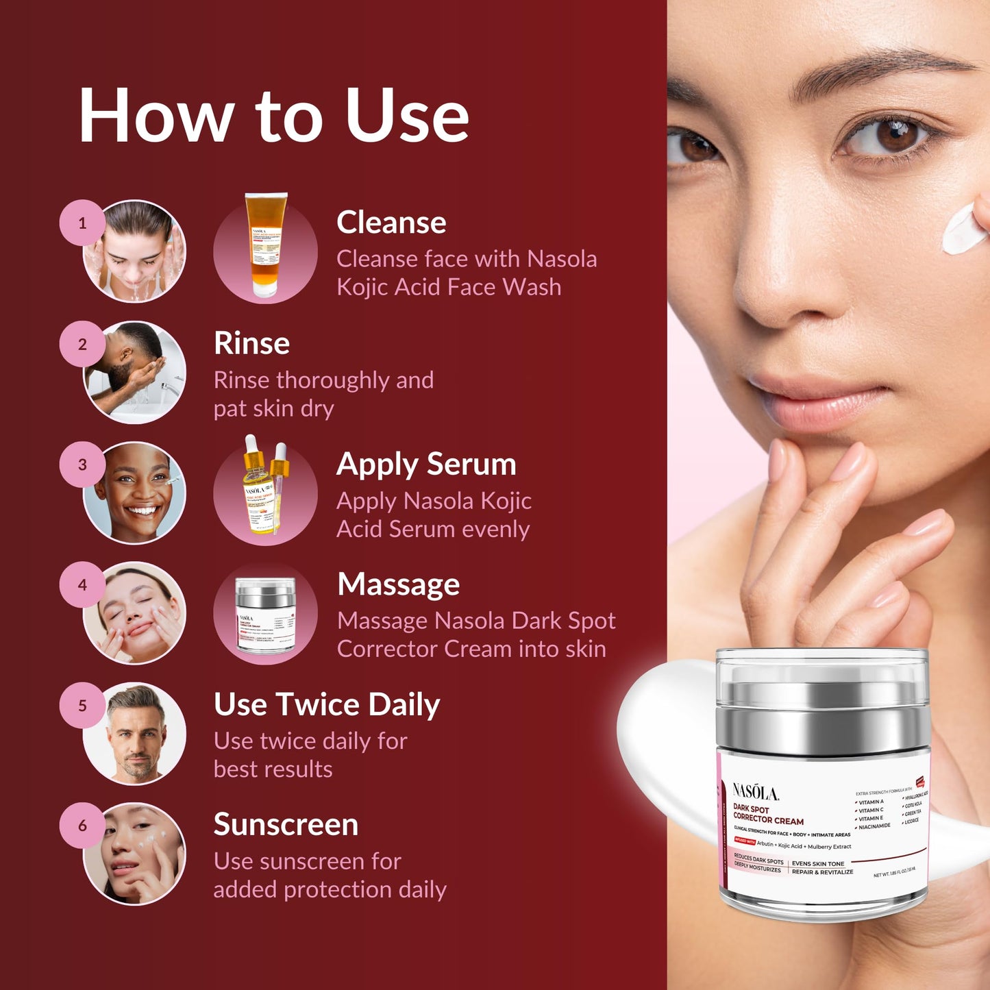 Nasola Dark Spot Corrector Cream Remover for Face, Body - Natural Skincare for Underarms, Elbows & Privates- the Ultimate Solution for Bright, Beautiful Skin infused Kojic Acid & Mulberry 1.85 Fl Oz