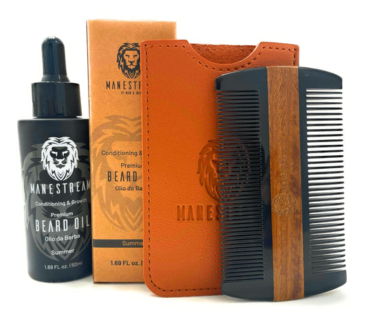 MAN & MANE Premium Natural Ox horn and Sandalwood Dual Action Beard Comb (Brown Pouche) and Beard Oil Bundle 50ml (Summer (Orange))