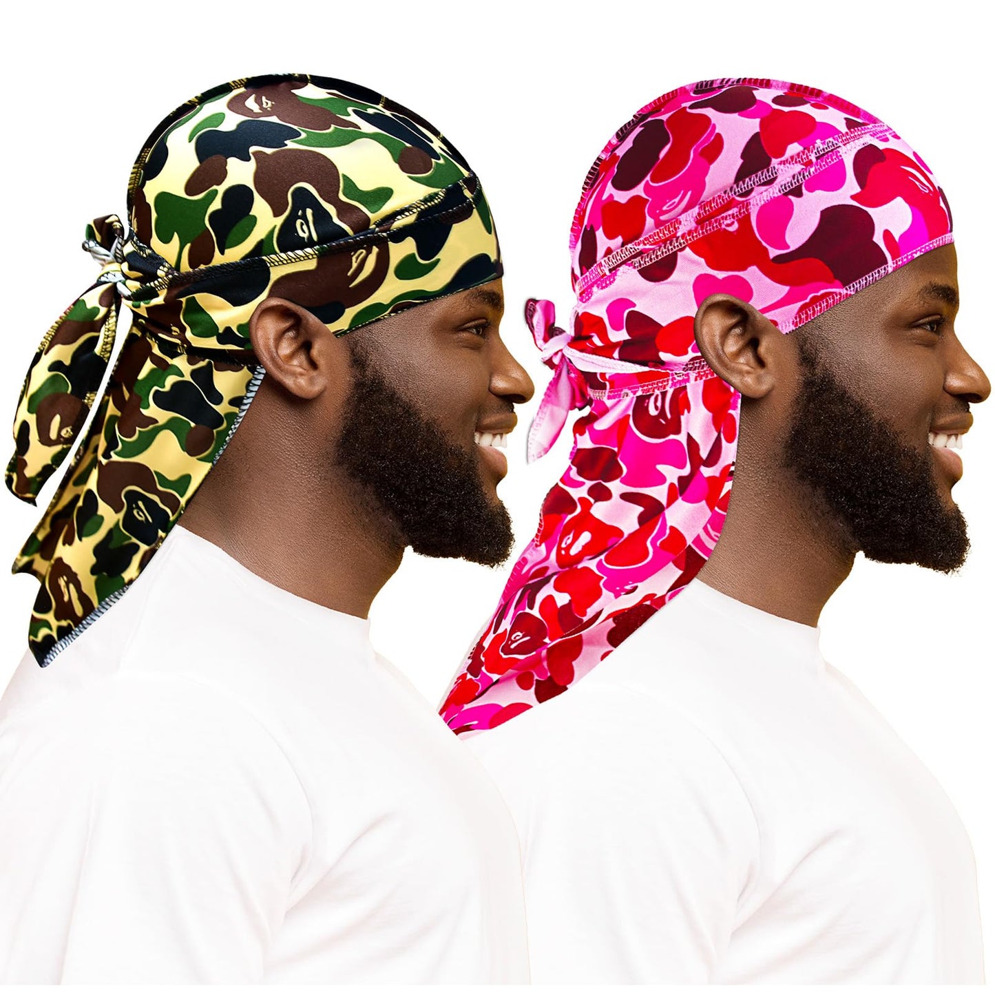 2Pcs Silk Durag for Men Designer Durag Silky Camouflage Cap Rags Hip Hop Turban Man Doorag Hair Wrap for Sleeping Dorag