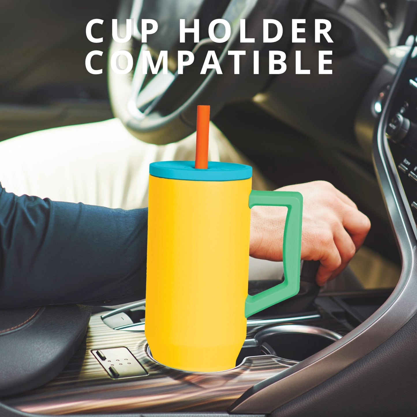 Elemental 40 oz Tumbler with Handle and Straw - Spill Proof Insulated Stainless Steel Commuter for Hot and Cold Beverages - Travel Coffee Mug with 2 Straws & Spill Proof Lid - 40oz - Lemon Zest