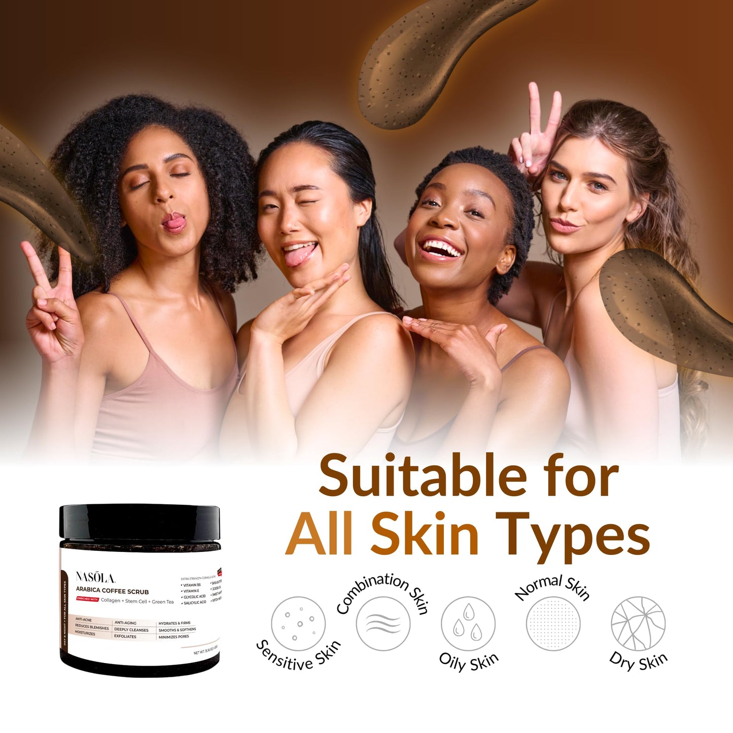 Nasola Arabica Coffee Body Scrub with Collagen, Green Tea & Stem Cell – Exfoliating Body Scrubber & Face Cleanser – Coffee Scrub for Wrinkles, Stretch Marks, and for Smoother Skin, 15.16 Oz