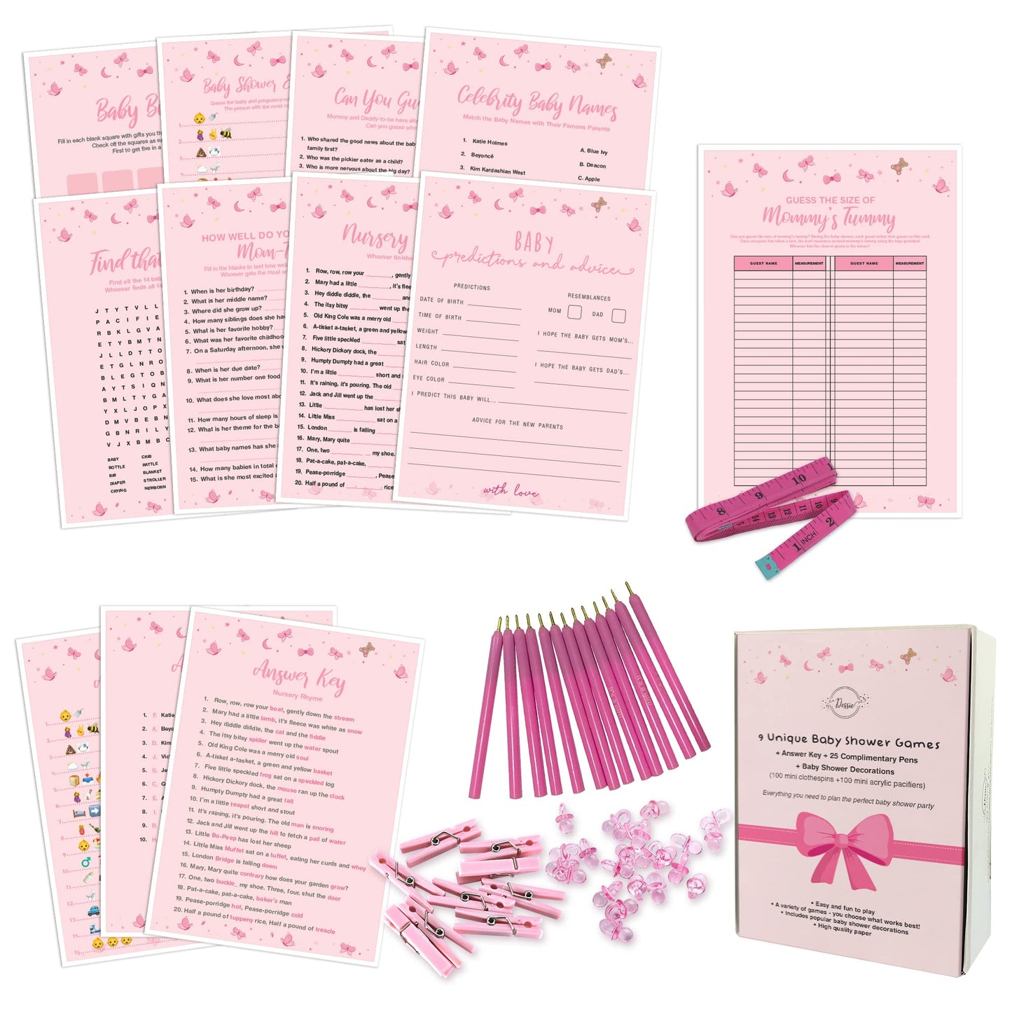 Dessie Ultimate Baby Shower Game Set - 9 Unique Girl Games, 100 Mini Clothespins, 100 Mini Acrylic Pacifiers, 25 Pens
