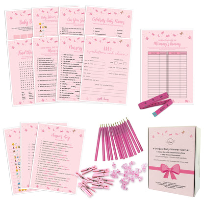 Dessie Ultimate Baby Shower Game Set - 9 Unique Girl Games, 100 Mini Clothespins, 100 Mini Acrylic Pacifiers, 25 Pens