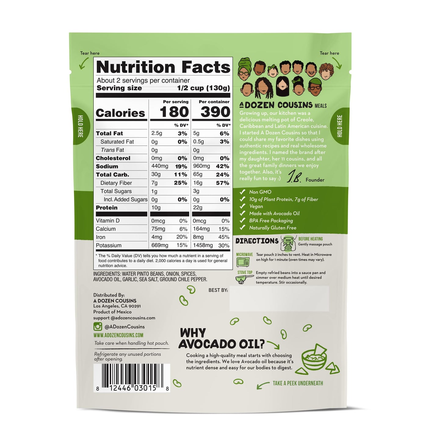 A Dozen Cousins Seasoned Refried Beans - Microwave Meals Vegan Black Beans and Pinto Beans - Non-GMO Prepared Meals Ready to Eat Made with Avocado Oil (Variety 8 Pack)