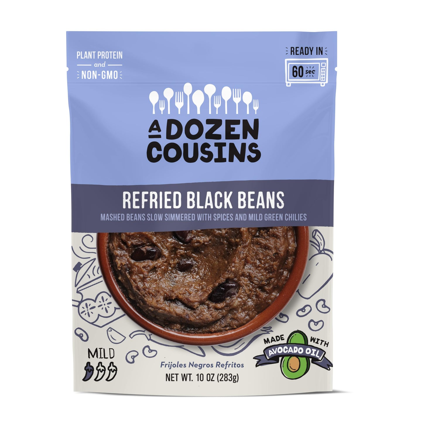 A Dozen Cousins Seasoned Beans, Vegan and Non-GMO Meals Ready to Eat Made with Avocado Oil (Refried Black Beans, 8 Pack)