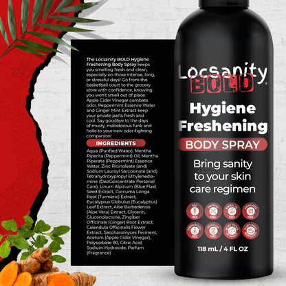 Locsanity BOLD Body Spray for Men - Freshening Deodorant for Groin, Balls, Armpits - Soothing, Cooling, Deodorizing Spray - Natural Personal Hygiene, Skincare Regimen