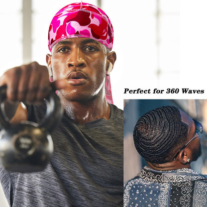 4Pcs Durag Set Silk Durag for Men Designer Durag Printed Do Rag with Long Tail Durag Hip Hop Turban Colorful Headband for Mens Braid Dread