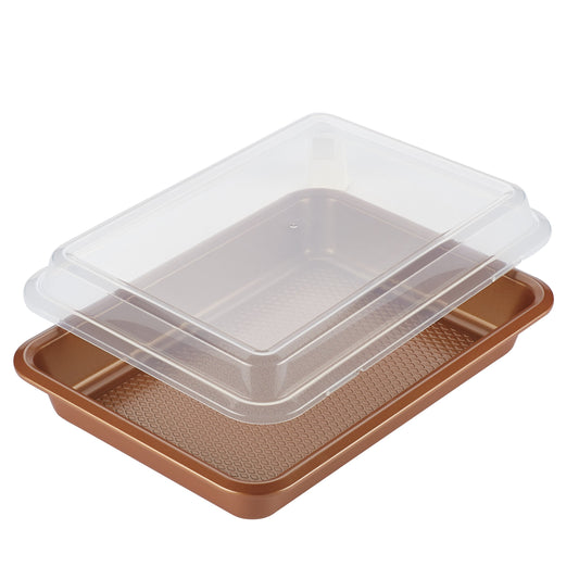 Ayesha Curry Nonstick Bakeware Nonstick Baking Pan With Lid / Nonstick Cake Pan With Lid, Rectangle - 9 Inch x 13 Inch, Brown, Copper