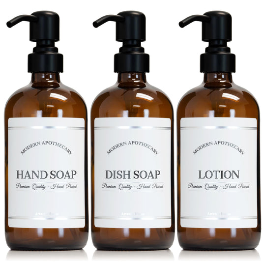 Artanis Home Amber Refillable Hand, Dish, Lotion Dispenser Set with Pumps for Kitchen Sink - Glass Boston Round Bottles - Waterproof Labels - 16 oz - 3 Pack