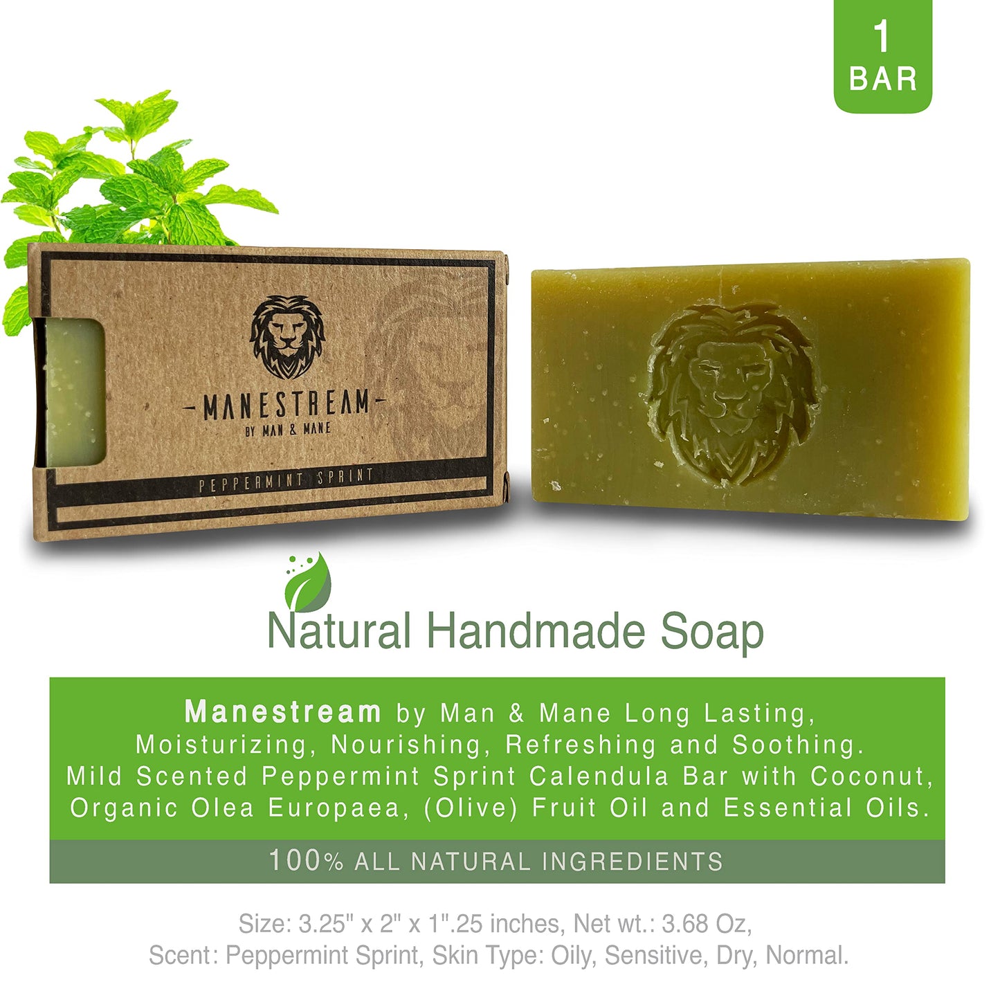 MAN & MANE Manestream Long Lasting, Mild Scented Peppermint Tea Tree 2-in-1 Skin and Shampoo Bar CocoaButter, AloeVera, Jojoba, Bran and Essential Oils, Natural Handmade