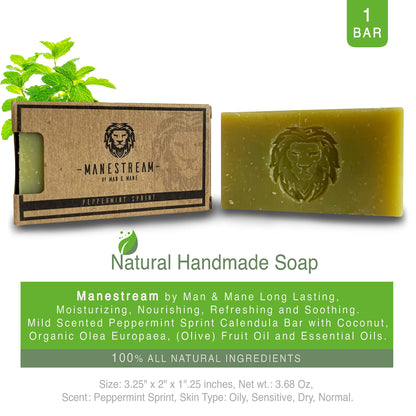 MAN & MANE Manestream Long Lasting, Mild Scented Peppermint Tea Tree 2-in-1 Skin and Shampoo Bar CocoaButter, AloeVera, Jojoba, Bran and Essential Oils, Natural Handmade