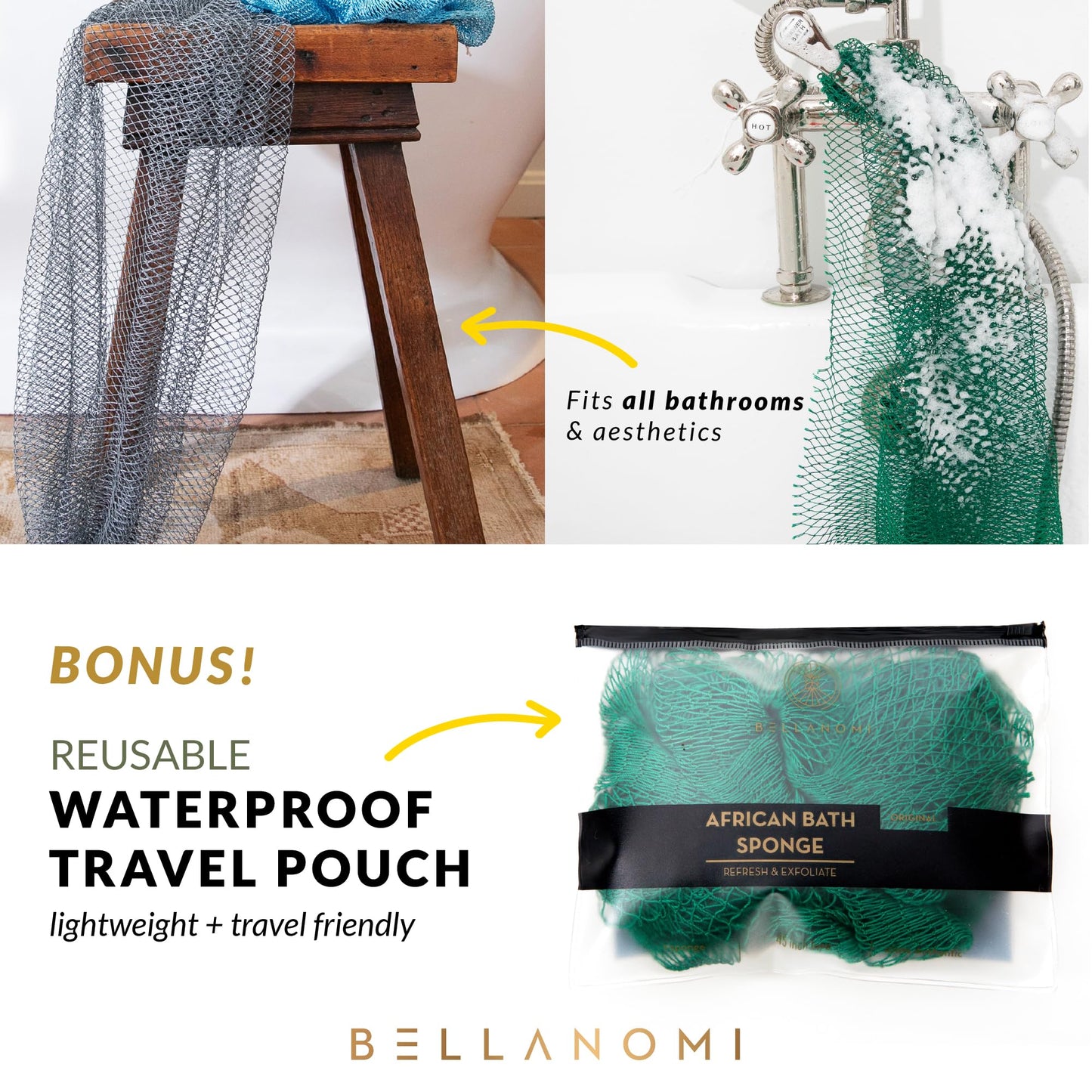 Bellanomi African Exfoliating Net Sponge, Authentic, Ethically sourced from Nigeria, 45 inches Long, Back Scrubber for Daily use (Emerald Green)