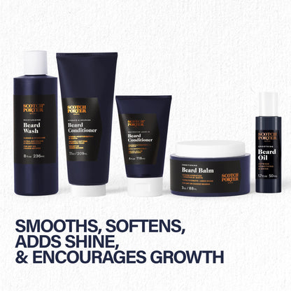 Scotch Porter Superior Beard Collection – Cleanse, Moisturize, Soothe & Style while Encouraging Growth for a Fuller/Healthier-Looking Beard – Includes Wash, 2 Conditioners, Oil & Balm
