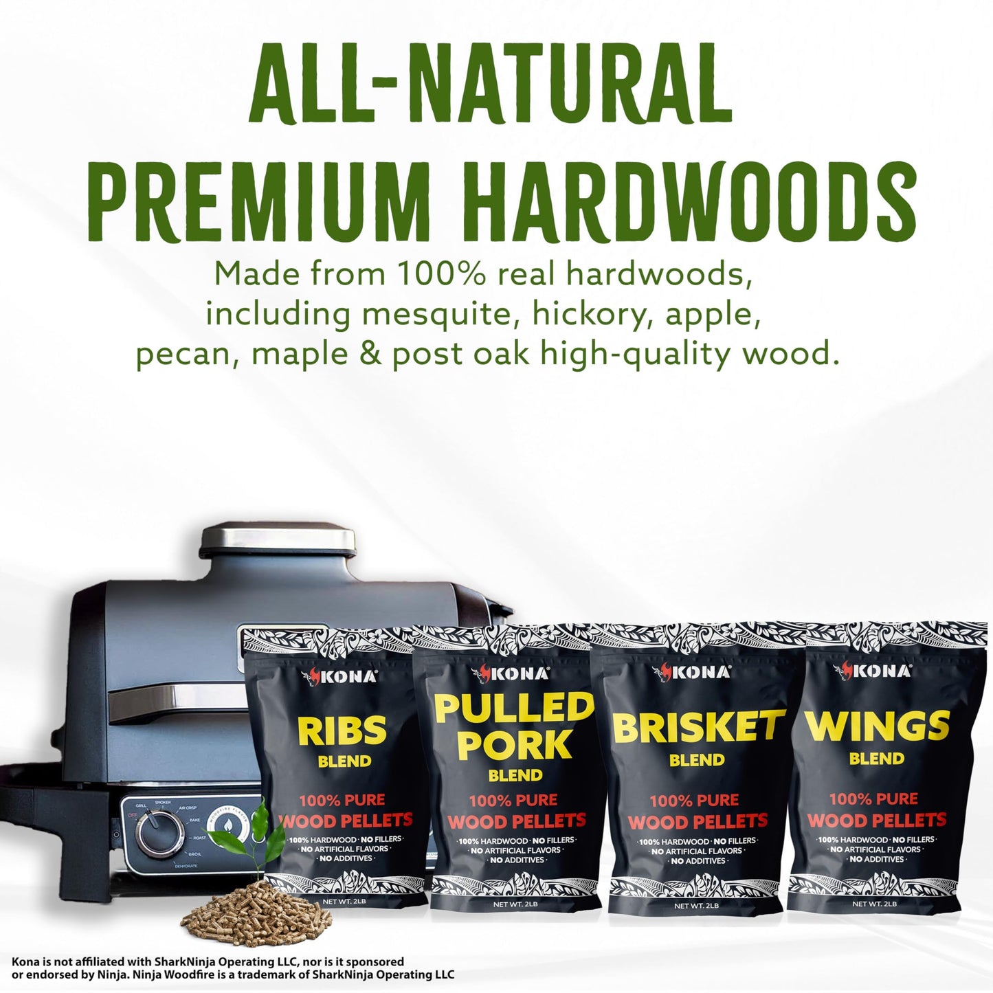 Kona Wood Pellets Brisket, Ribs, Wings,and Pulled Pork Blend Variety Pack, Intended for Ninja Woodfire Outdoor Grill, Wood Fire Oven, 4, 2lb Resealable Bags