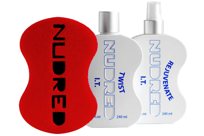 NuDred Starter Pack - Includes Red Twist Hair Sponge Brush + Twist I.T + Rejuvenate I.T, For Moisturized & Sculpted Coils, Twists & Locs (Red Hair Sponge, Large Holes, 8oz Hair Moisturizer)
