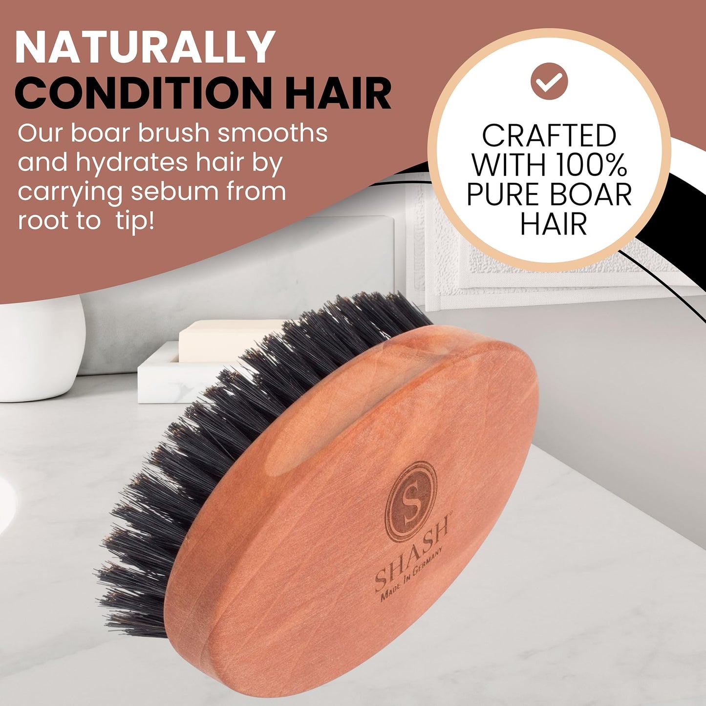 SHASH Captain 100% Boar Bristle Hair Brush - Made in Germany | Naturally Conditions, Improves Texture, and Stimulates the Scalp | Ideal for Thin to Normal Hair