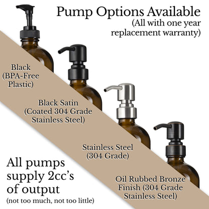 Artanis Home Glass Bottles With Oil Rubbed Bronze Pumps and Customized Waterproof Labels, 16 oz Boston Round, Amber