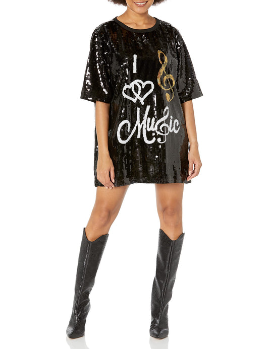 2Chique Boutique Women's Sequin T Shirt Dress Heart Music Treble Clef One Size Black Mini Dress