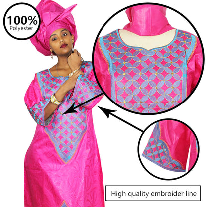 TIDOIRSA African Dresses for Women, 3/4 Sleeves Embroidery Dress With Scarf (4XL, Pink)