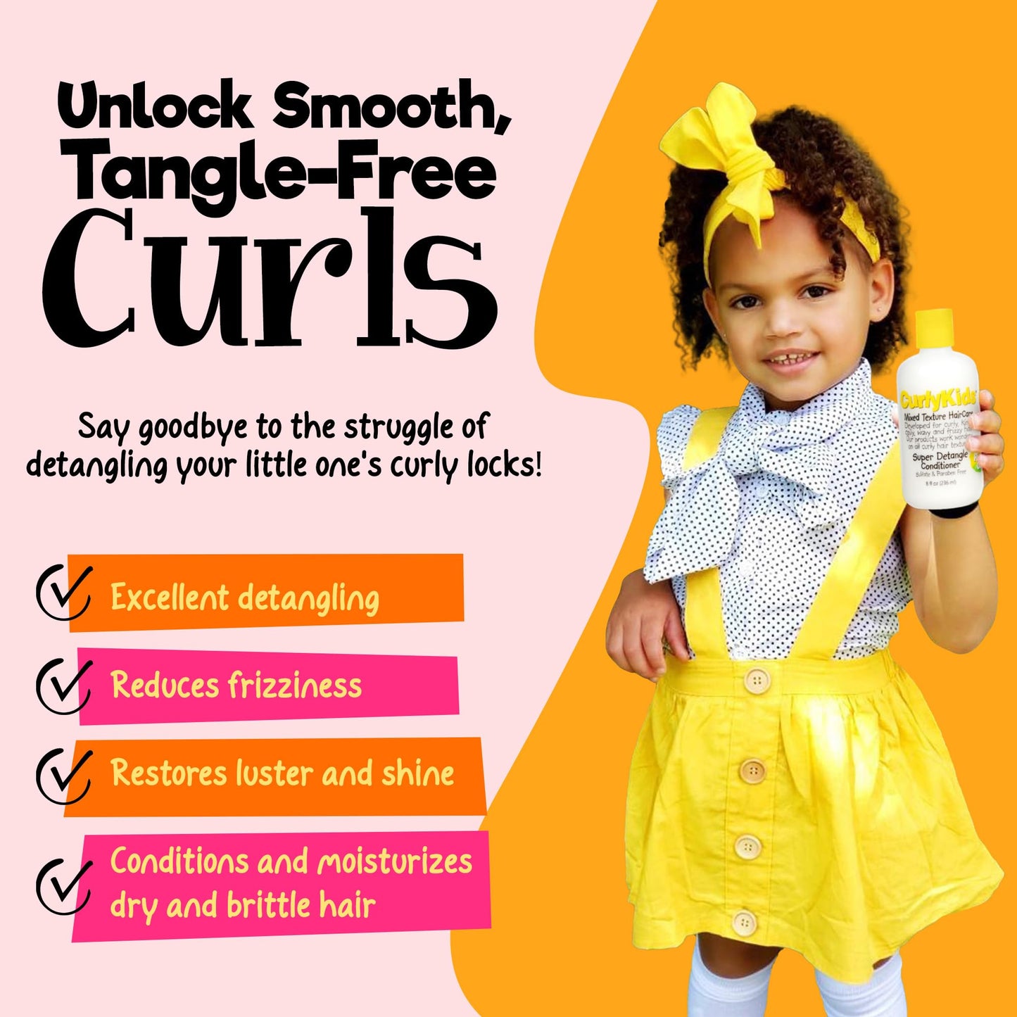 CurlyKids Super Hair Detangler Conditioner | Kids Hair Conditioner for Curly, Kinky & Wavy Hair | Sulfate & Paraben-Free Hair Care Formula - 8oz
