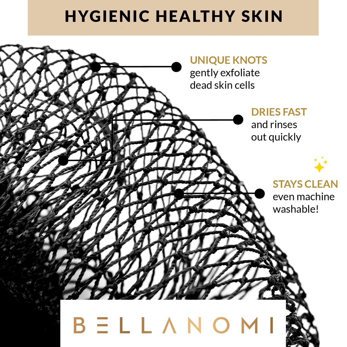 BELLANOMI African Exfoliating Net Sponge, Authentic, Ethically sourced from Nigeria, 45 inches Long, Back Scrubber for Daily use (Black)