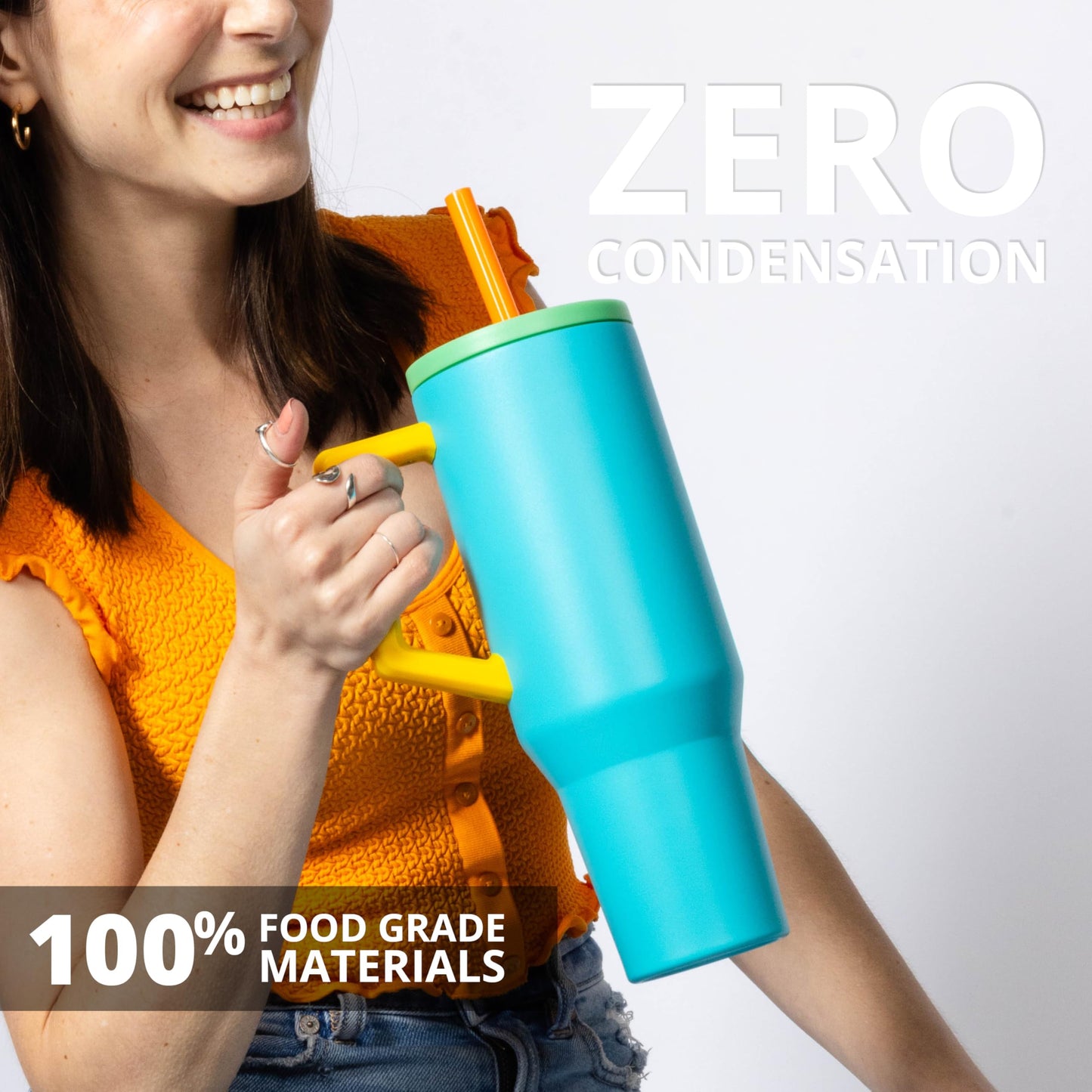 Elemental 40 oz Tumbler with Handle and Straw - Spill Proof Insulated Stainless Steel Commuter for Hot and Cold Beverages - Travel Coffee Mug with 2 Straws & Spill Proof Lid - 40oz - Blue Lagoon