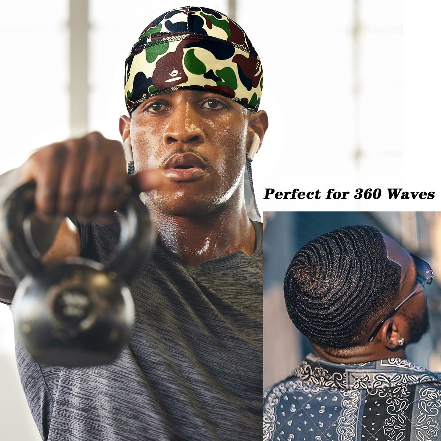 2Pcs Silk Durag for Men Designer Durag Silky Camouflage Cap Rags Hip Hop Turban Man Doorag Hair Wrap for Sleeping Dorag