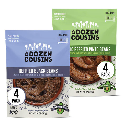 A Dozen Cousins Seasoned Refried Beans - Microwave Meals Vegan Black Beans and Pinto Beans - Non-GMO Prepared Meals Ready to Eat Made with Avocado Oil (Variety 8 Pack)