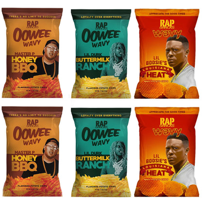 Rap Snacks Lil Durk, Master P and Boosie Honey BBQ, Buttermilk Ranch and Louisiana Heat Wavy Chip Variety-Pack of 6