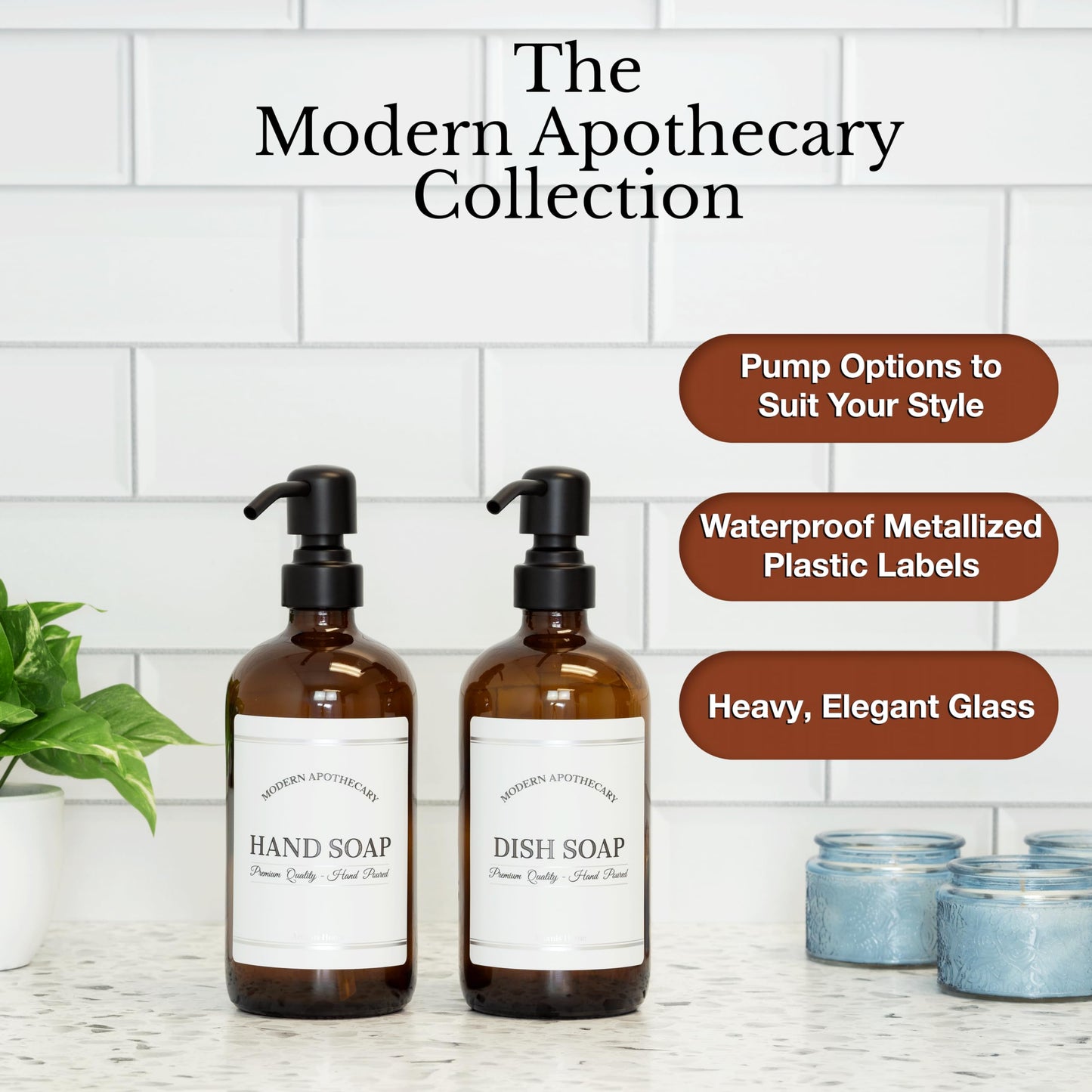 Artanis Home Amber Refillable Hand and Dish Soap Dispenser Set with Pumps for Kitchen Sink - Glass Boston Round Soap Bottles - Waterproof Labels - 16 oz - 2 Pack