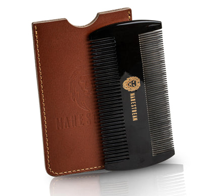 Premium 100% Oxhorn Dual-Action Beard Comb with Genuine Leather Case – the Perfect Beard Grooming Gift for Men by Man & Mane.