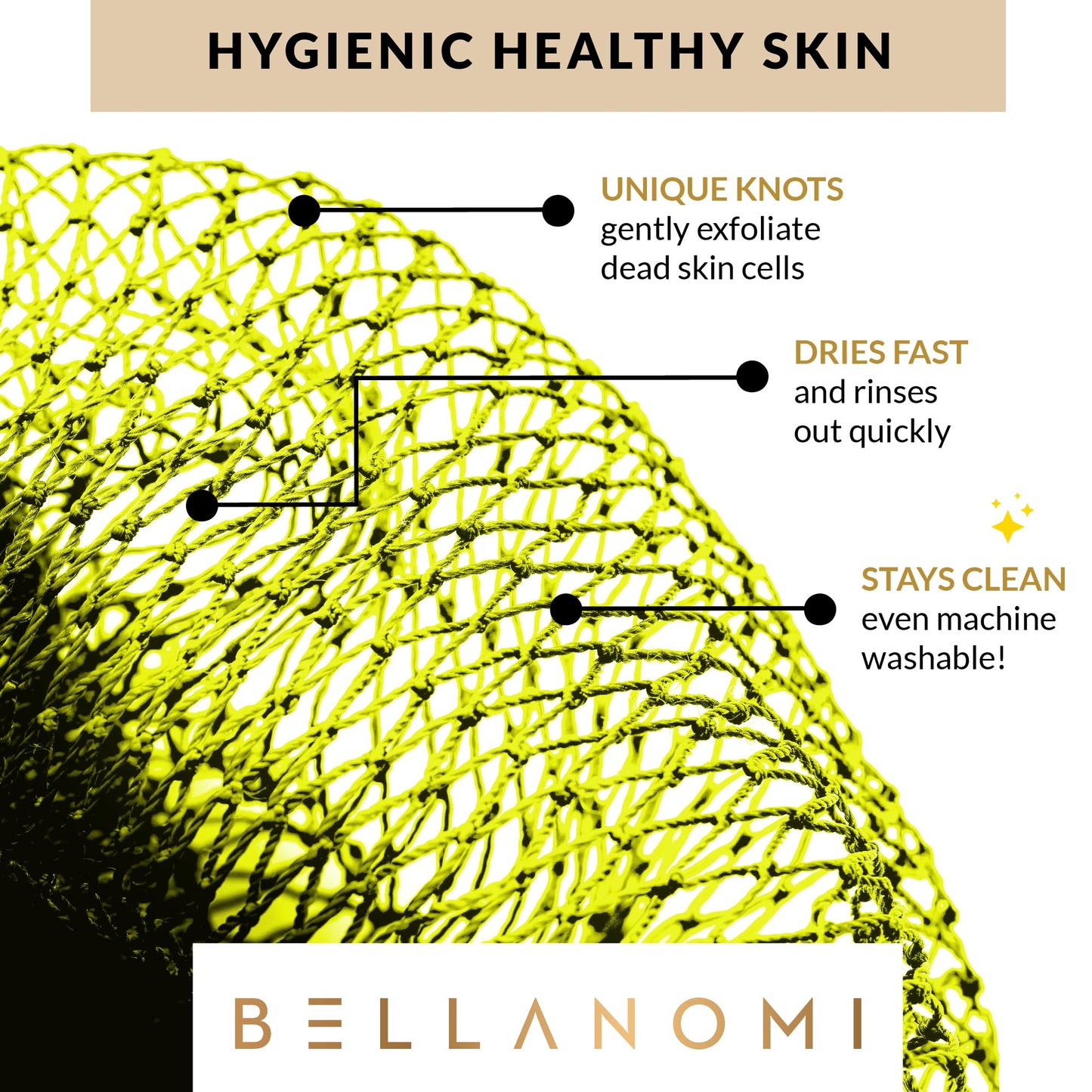 BELLANOMI African Exfoliating Net Sponge, Authentic, Ethically sourced from Nigeria, 45 inches Long, Back Scrubber for Daily use (Lemon)