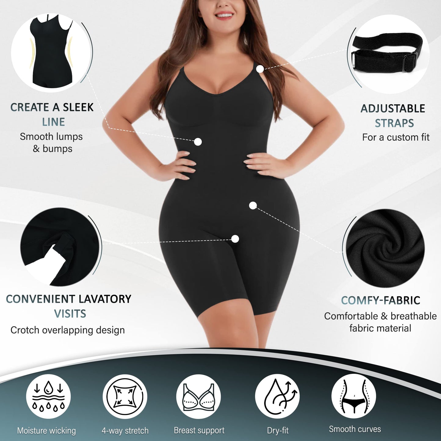 Soo slick Shapewear Bodysuit for Women | Tummy Control Butt Lifter Open Back Mid Thigh Seamless Full Body Shaping Tops Black