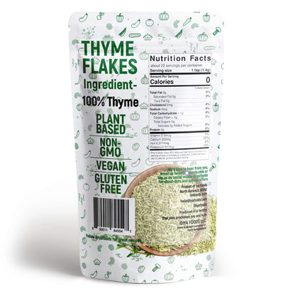 Iya Foods Thyme Flakes, Made from 100% Thyme Leaves. Thyme Leaf is a well-rounded herb that contains an earthy and sweet flavor, 1.10 oz Pack