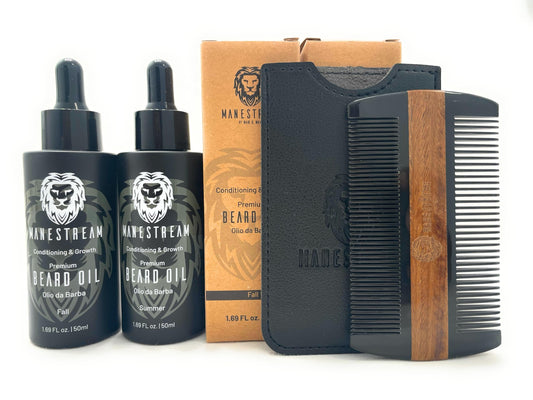 Premium Natural Ox horn and Sandalwood Dual-Action Beard Comb with Black Sleeve with Beard Oil (Fall & Summer Fragrances) – by Man & Mane