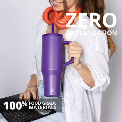 Elemental 40 oz Tumbler with Handle and Straw - Spill Proof Insulated Stainless Steel Commuter for Hot and Cold Beverages - Travel Coffee Mug with 2 Straws & Spill Proof Lid - 40oz - Purple