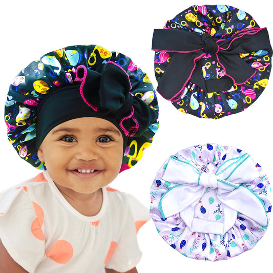 2pcs Pack Pattern Baby Bonnet Kids Bonnet Infant Satin Silk Hair Bonnets for Girls Boys Toddler Newborn Infants with tie Band Bow 0-36 Month