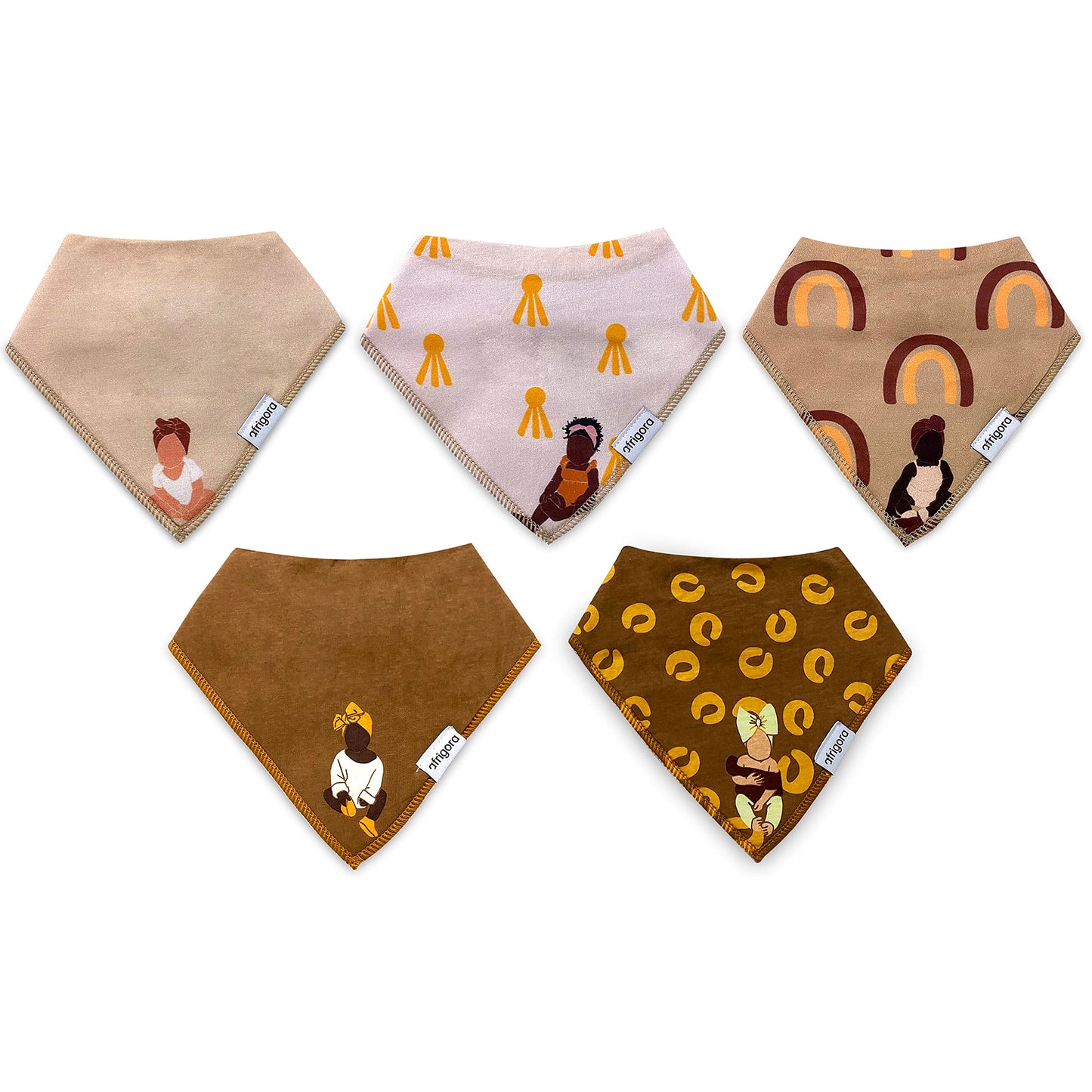 Afrigora Brown Baby Bandana Bibs For Girls 5-Pack 100% Organic Cotton Drooling Teething Newborn 0-6 months Infant 6-18 months Toddler 18-36 month