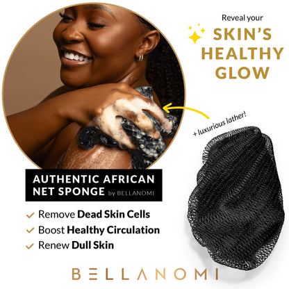 BELLANOMI African Exfoliating Net Sponge, Authentic, Ethically sourced from Nigeria, 45 inches Long, Back Scrubber for Daily use (Black)