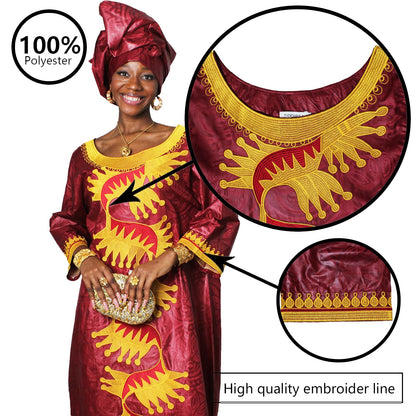 TIDOIRSA African Dresses for Women,Bazin Riche Wedding Dress Embroidery Party Dress with Scarf Boubou (3XL, Maroon)