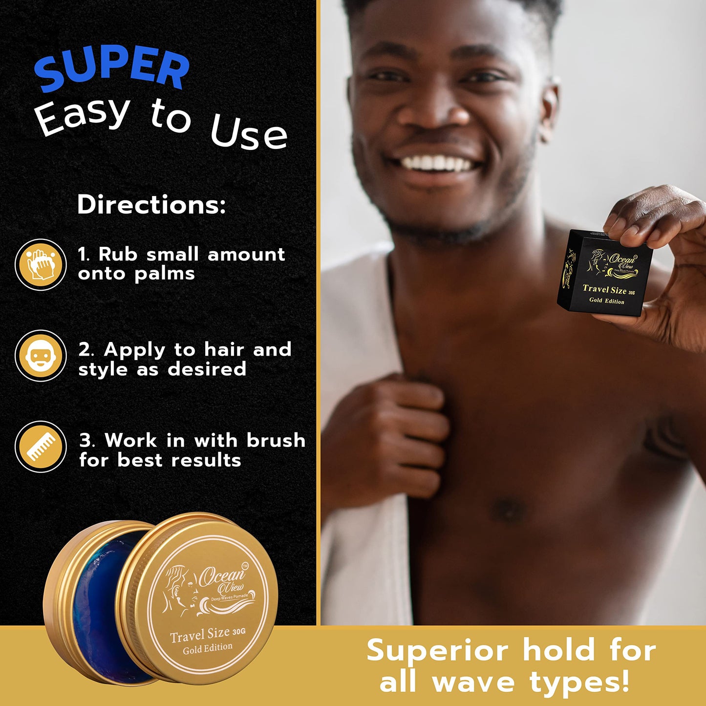 OCEAN VIEW DEEP WAVES POMADE, Gold Edition 360 Wave Grease for Men Moisturizes, Controls and Styles Black Hair – Water Based Wave Builder Pomade for Men Tames Your Crown During Wolfing (30 grams)