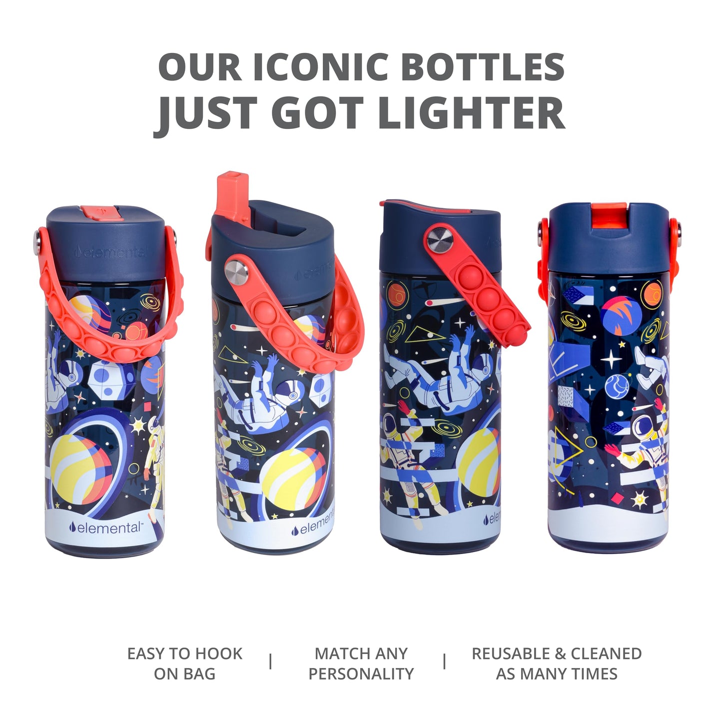 Elemental Leak Proof Water Bottles for Kids - Splash Kids Water Bottle for School with Pop-it Handle - BPA Free Tritan Plastic Reusable Water Bottle with Straw - Space - 18oz