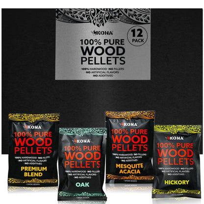 Kona Wood Pellets Intended for The Ninja Woodfire Grill, 12 Single-Use Pouches (4 Flavors)