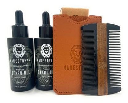 Premium Natural Ox horn and Sandalwood Dual-Action Beard Comb with Brown Sleeve with Beard Oil (Fall & Summer Fragrances) – by Man & Mane
