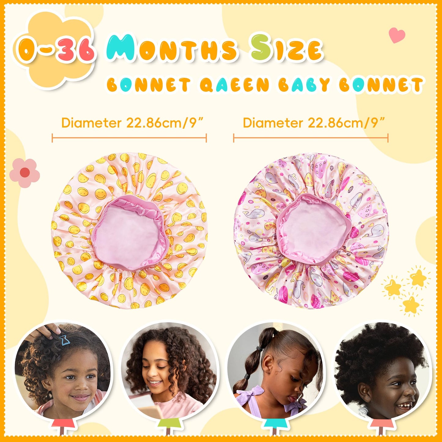 BONNET QUEEN Baby Bonnet 2Pcs Kids Bonnet Wide Elastic Silk Bonnet Double Layer Reversible Baby Satin Bonnet Toddler Bonnet 2-8 Years Gold Ring & Floral