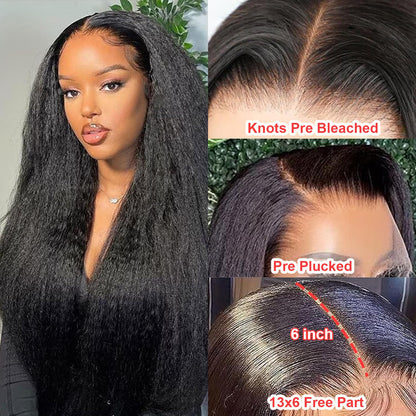 BLY Human Hair Lace Front Glueless Wigs for Women 13x6 Kinky Straight Pre Bleached Knots Yaki Human Hair Wig HD Transparent Lace Pre Plucked 180% Density Natural Black Color 18 Inch