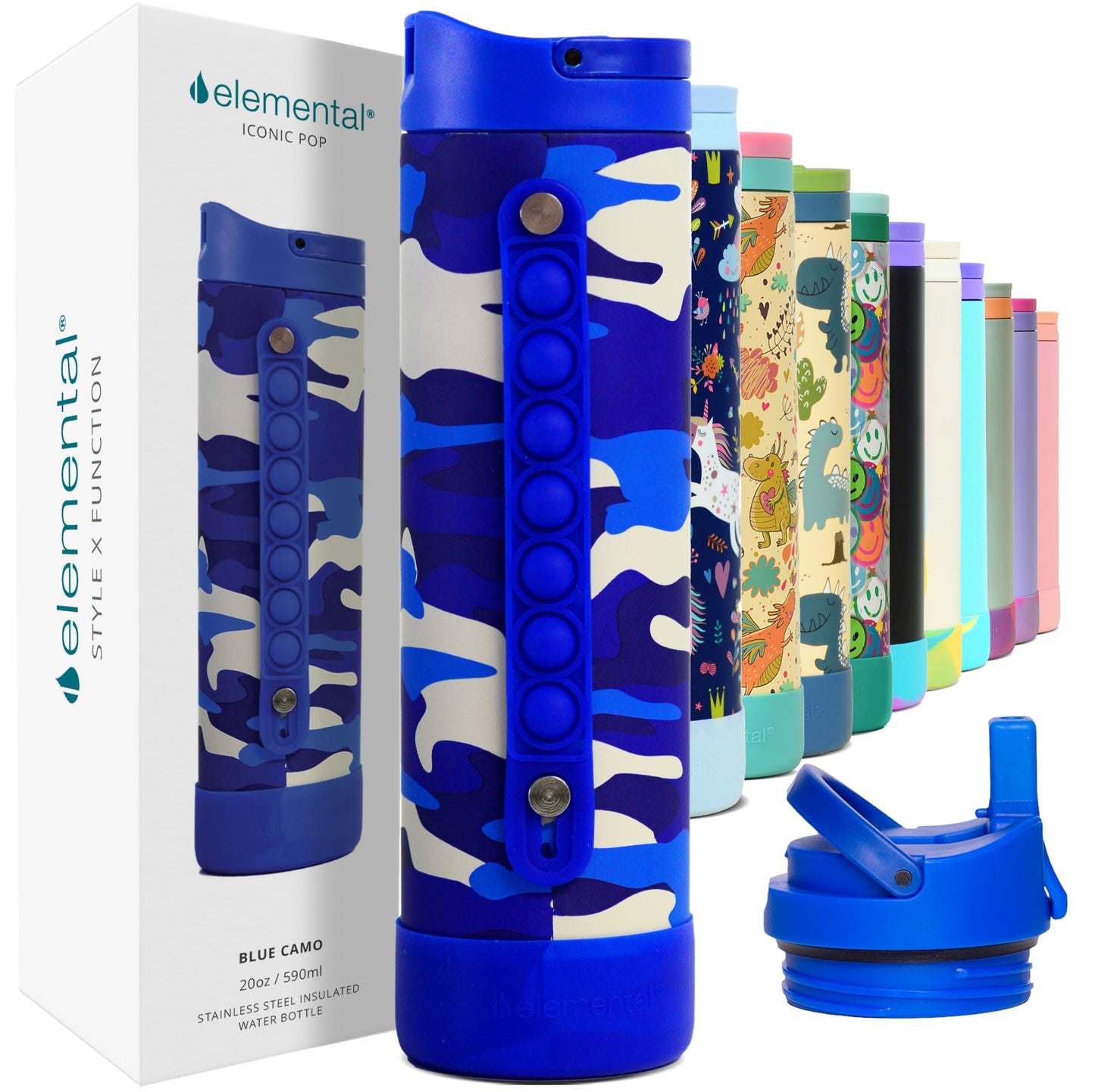 Elemental Iconic Kids Water Bottle with Straw Lid & Stress Reliever Pop It Handle, Leak-Proof When Closed, Triple Insulated Stainless Steel Reusable Thermos Water Bottle, 20oz - Blue Camo
